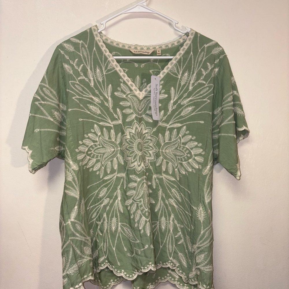 Soft Surroundings - Green Embroidered Graphic Blouse